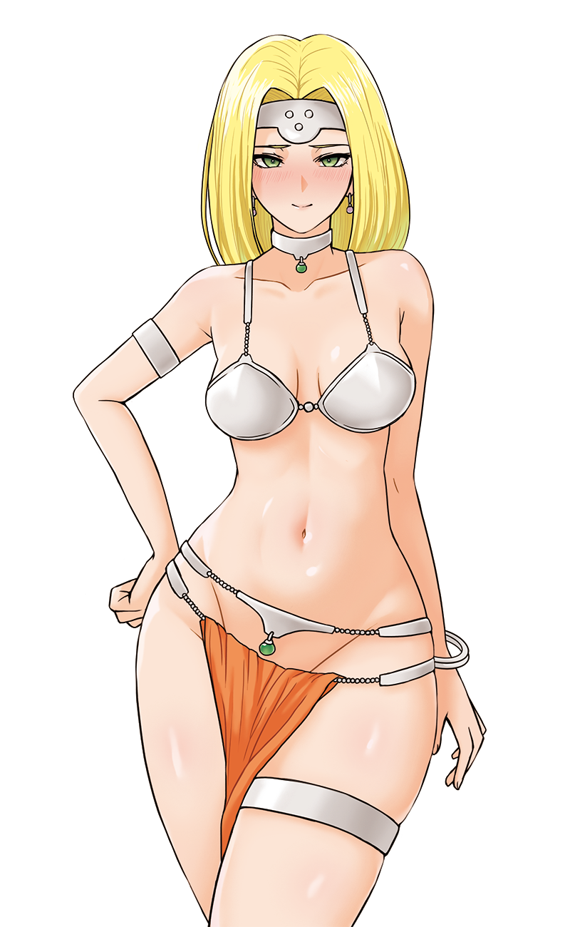 1girl armlet armor bangle bare_shoulders bikini_armor blonde_hair blush bracelet breasts choker circlet closed_mouth collarbone commentary_request cowboy_shot dancer's_costume_(dq) dragon_quest dragon_quest_vi green_eyes groin hand_on_hip highres jewelry long_hair looking_at_viewer medium_breasts mireyu miru_(wvjc7832) navel pelvic_curtain shiny shiny_skin simple_background smile solo standing stomach thighlet white_background wide_hips
