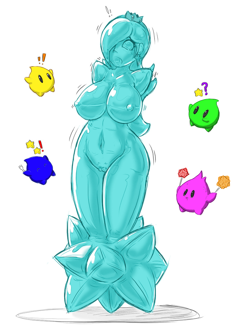 ! 2015 ? animate_inanimate armless big_breasts blue_body blue_nipples breasts crown ear_piercing ear_ring female floating hungry_luma implied_transformation luma mario_bros navel nintendo nipples not_furry nude piercing pussy rosalina_(mario) scared sealed_mouth shaking simple_background solo star star_bit super_mario_galaxy transformation video_games white_background