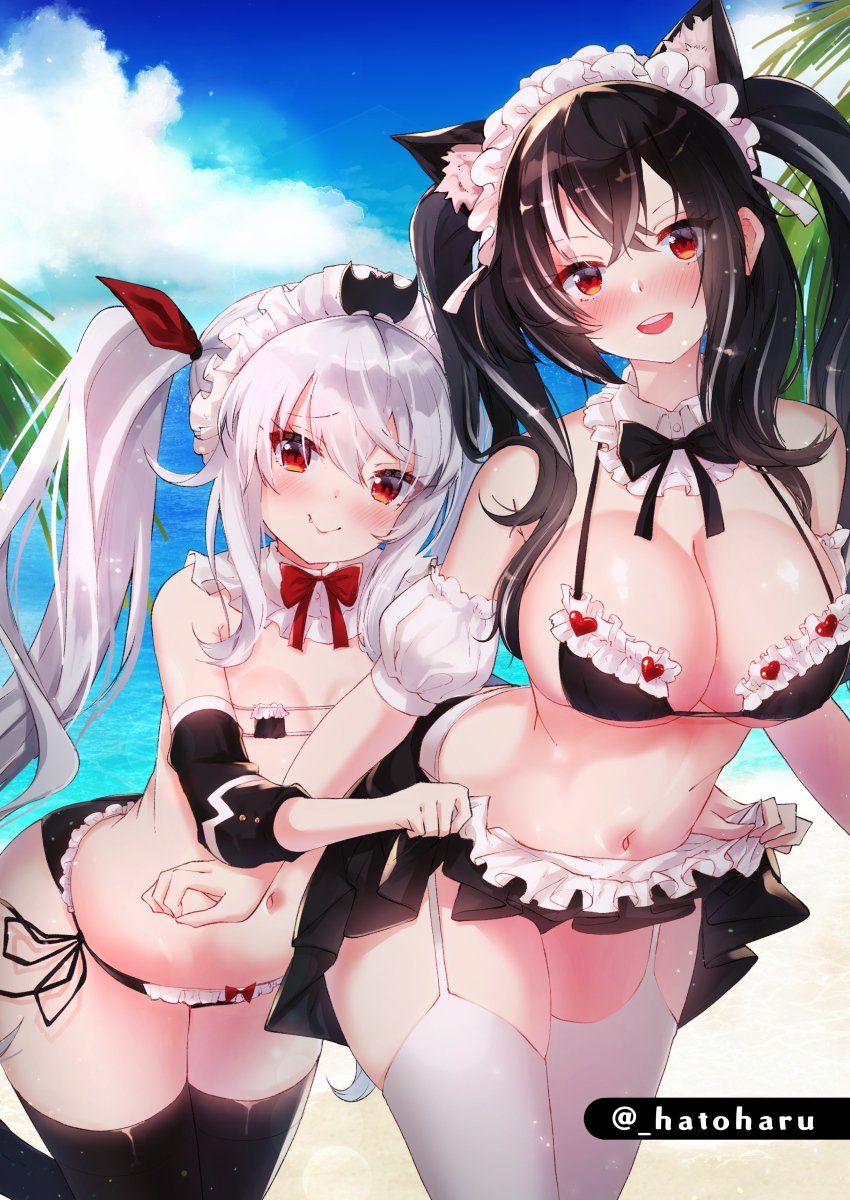 2girls animal_ear_fluff animal_ears azur_lane bangs bare_shoulders bikini black_bikini black_hair black_legwear blush breasts cat_ears cleavage closed_mouth commentary_request crossed_bangs day detached_collar detached_sleeves eyebrows_visible_through_hair fang fang_out frilled_bikini frills garter_straps grey_hair hair_between_eyes hato_haru head_tilt highres large_breasts long_hair looking_at_viewer maid_headdress micro_bikini multicolored_hair multiple_girls navel open_mouth outdoors pleated_skirt puffy_short_sleeves puffy_sleeves red_eyes short_sleeves side-tie_bikini sidelocks silver_hair skirt skirt_lift sky small_breasts smile streaked_hair swimsuit thick_thighs thighhighs thighs twintails twitter_username u-47_(azur_lane) upper_teeth vampire_(azur_lane) white_legwear