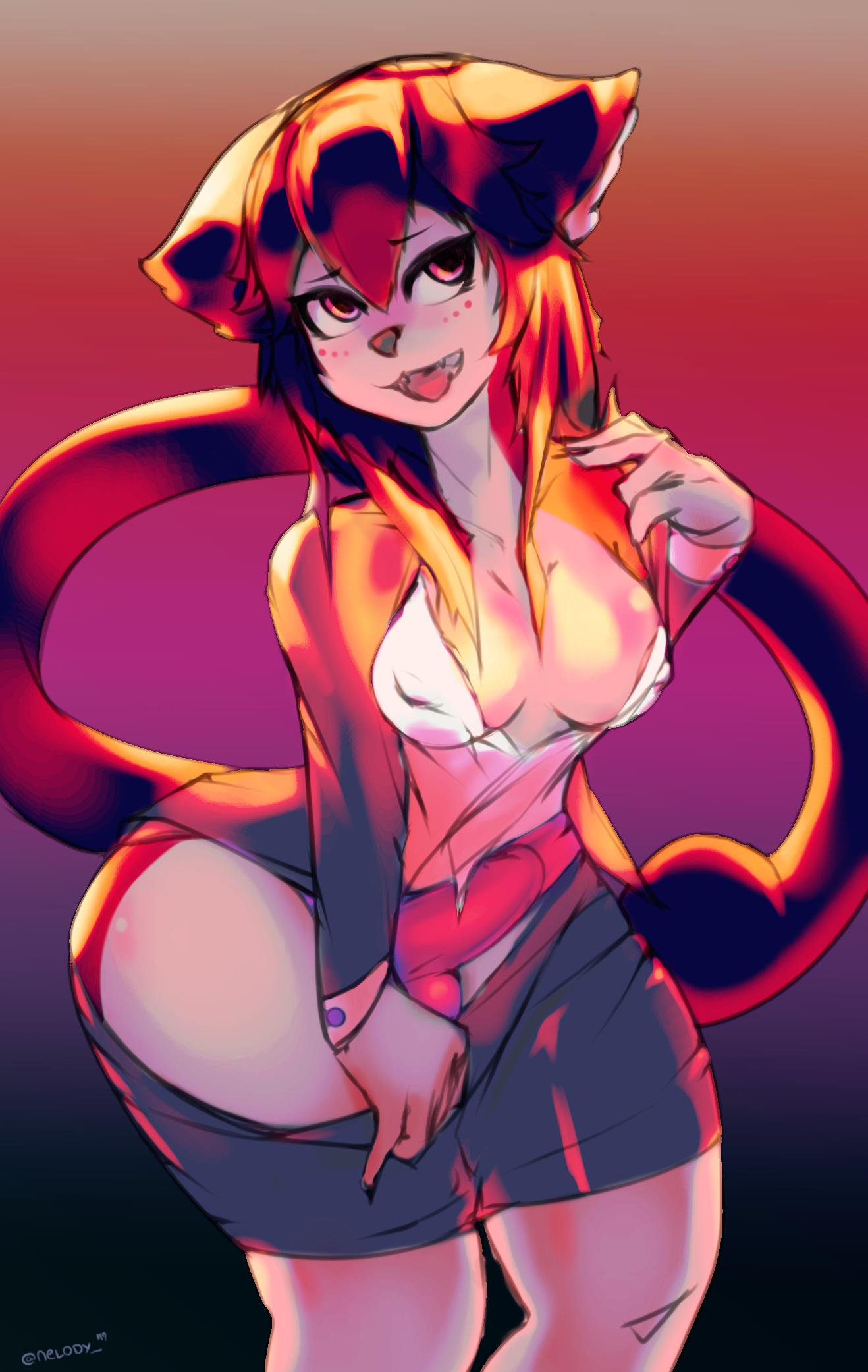 arched_back big_butt black_nose blush bottomwear bra breasts bulge butt clothing domestic_cat fangs felid feline felis glowing gynomorph hi_res intersex mammal nelewdy panties pose presenting shy skirt slightly_chubby suit thick_thighs tongue tongue_out tuxie underwear wide_hips