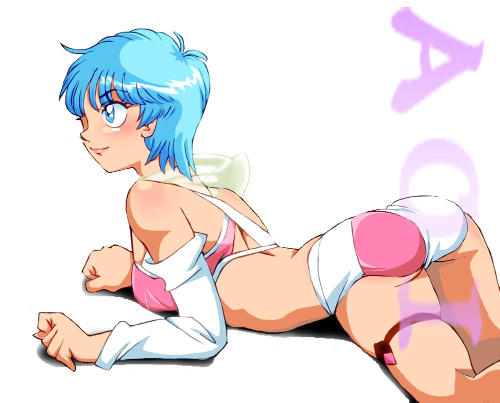 1girl 80s ass blue_eyes blue_hair blush breasts closed_mouth commentary_request crop_top graphite_(medium) midriff millipen_(medium) oldschool onnaski short_hair simple_background smile solo thigh_strap traditional_media white_background wingman yume_aoi