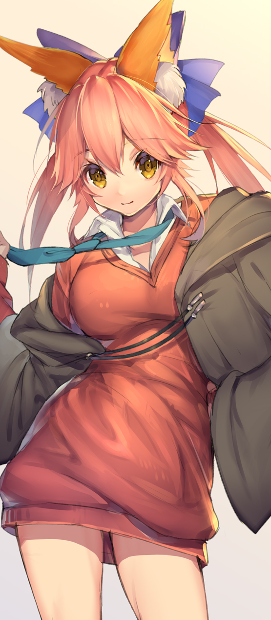 1girl alternate_costume animal_ear_fluff animal_ears blue_ribbon breasts casual collarbone commentary commentary_request contemporary fate/extra fate_(series) fox_ears fox_girl gradient gradient_background hair_ornament highres jacket large_breasts long_sleeves looking_at_viewer mogullaz necktie pink_hair ribbon smile solo standing sweater tamamo_(fate)_(all) tamamo_no_mae_(fate) yellow_eyes