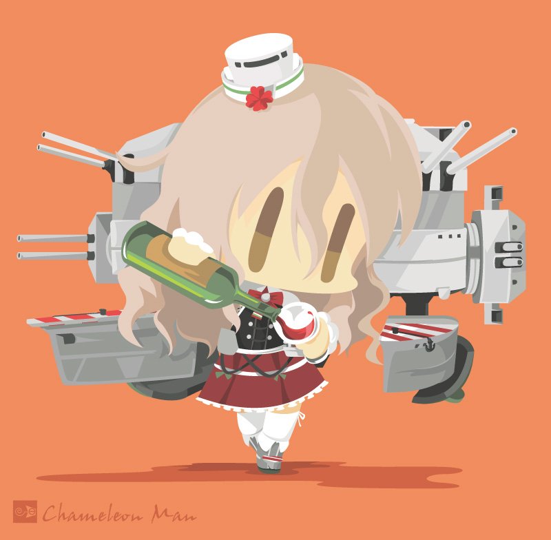 1girl alcohol boots bottle bow bowtie brown_eyes chameleon_man_(three) commentary_request corset cup drinking_glass grey_hair hat kantai_collection machinery mini_hat miniskirt orange_background pola_(kantai_collection) rudder_footwear shirt signature skirt thighhighs turret wavy_hair white_legwear white_shirt wine wine_bottle wine_glass