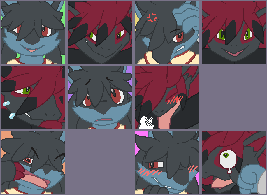 2019 aliasing angry annoyed argon_vile black_fur black_hair blue_fur blush breath duo fan_character felton_(castanean) fur green_eyes hair hand_on_head headshot_portrait looking_at_viewer lucario miryon_(castanean) multiple_images nintendo open_mouth pok&eacute;mon pok&eacute;mon_(species) portrait punch red_eyes smile solo_focus tongue tongue_out video_games worried zoroark