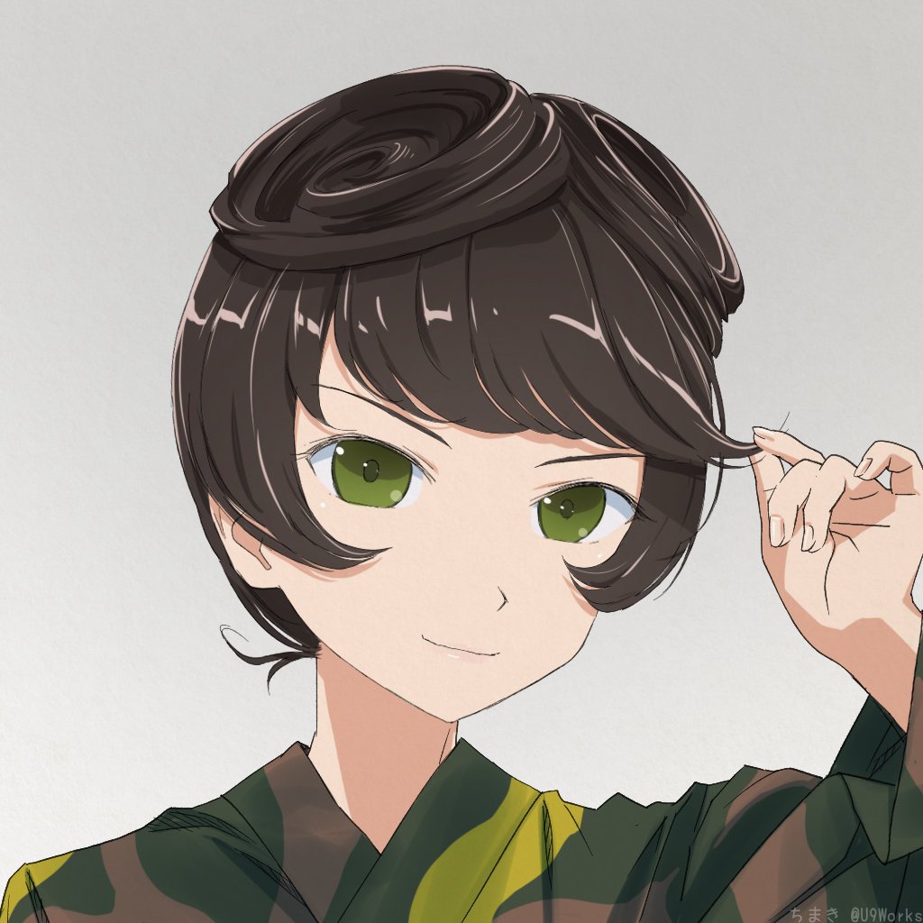 1girl akagi_(fmttps) alternate_costume artist_name bangs brown_hair camouflage closed_mouth commentary girls_und_panzer green_eyes grey_background hair_rings hand_in_hair hosomi_(girls_und_panzer) japanese_clothes kimono long_sleeves looking_at_viewer multicolored multicolored_clothes multicolored_kimono portrait short_hair simple_background smile solo twitter_username
