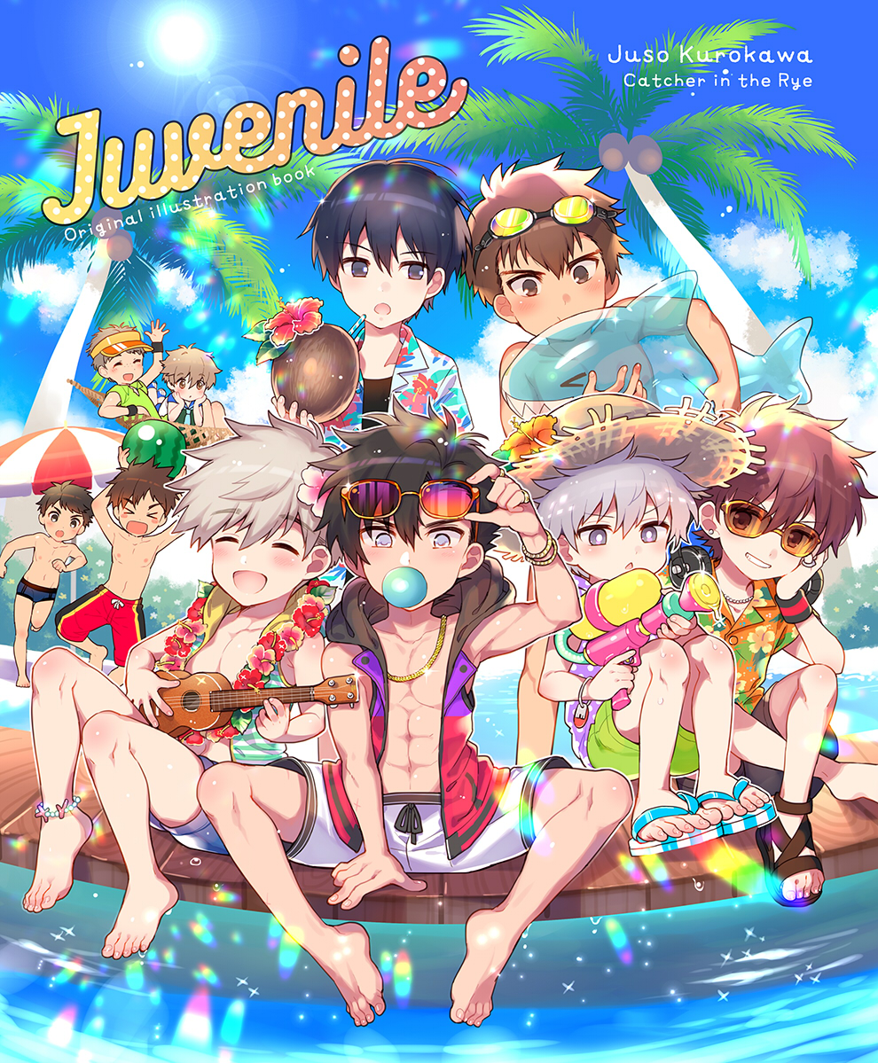 &gt;_&lt; 6+boys abs anklet artist_name barefoot black_hair blue_eyes blue_sky blush blush_stickers brown_eyes bubble_blowing chewing_gum closed_eyes coconut comiket_96 day drinking_straw english_text eyebrows_visible_through_hair eyewear_on_head feet flip-flops flower flower_necklace food fruit goggles goggles_on_head grey_eyes grey_hair grin gun hair_flower hair_ornament hammock hat hat_flower hawaiian_shirt hibiscus holding_water_gun hood hoodie hoodie_vest inflatable_shark inflatable_toy instrument jewelry kiyose_akame lei lens_flare light_brown_hair looking_at_viewer male_focus male_swimwear melon multiple_boys muscle necklace open_mouth original outdoors palm_tree sandals shirt sky smile straw_hat summer sun sun_hat sunglasses sunlight swim_briefs swim_trunks swimwear toy_gun tree ukulele vest visor water water_gun weapon