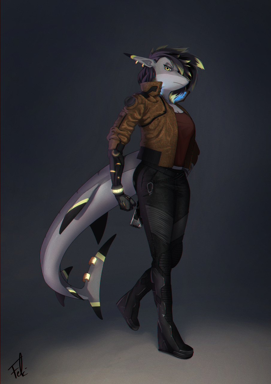 anthro clothed clothing cyberpunk_2077 feliscede female fish gun looking_at_viewer marine piercing portrait ranged_weapon shark simple_background solo weapon yellow_eyes