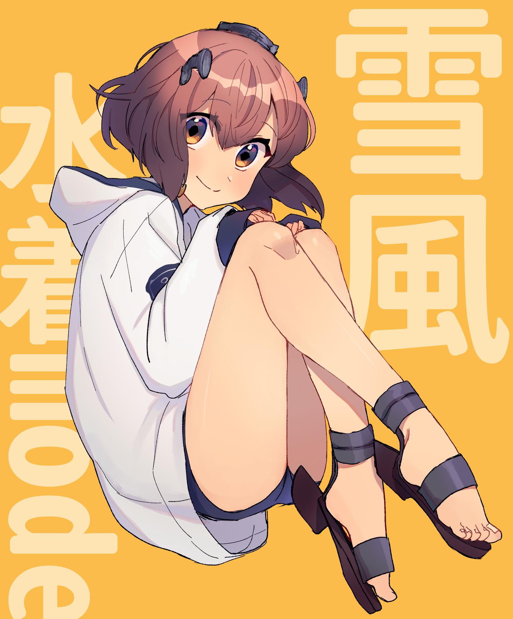 1girl bangs blush brown_eyes brown_hair character_name eyebrows_visible_through_hair feet full_body hair_between_eyes headgear highres hood hood_down hooded_jacket jacket kantai_collection long_sleeves one-piece_swimsuit orange_background sandals short_hair simple_background solo swimsuit swimsuit_under_clothes tama_wo thighs toenails yukikaze_(kantai_collection)