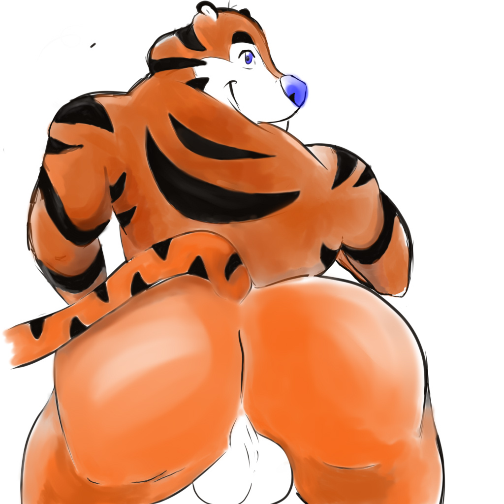 1:1 anthro balls big_butt blue_eyes blue_nose butt crazy_company felid frosted_flakes fur invalid_tag kellogg's looking_back male mammal mascot nude orange_fur pantherine simple_background smile solo stripes tiger tony_the_tiger