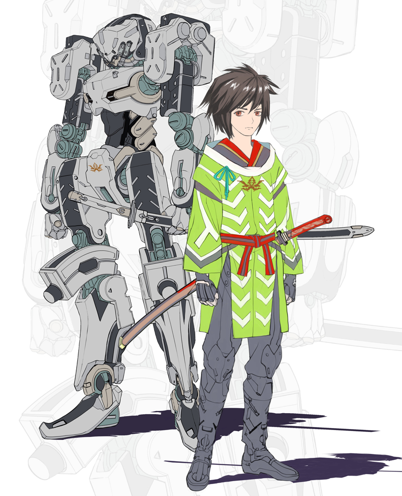 1boy arms_at_sides brown_eyes brown_hair clenched_hand flat_color gloves grey_footwear grey_gloves katana looking_at_viewer male_focus mecha non_(6nezuuyamar9) original robot shadow sheath sheathed simple_background standing sword weapon wide_sleeves zoom_layer