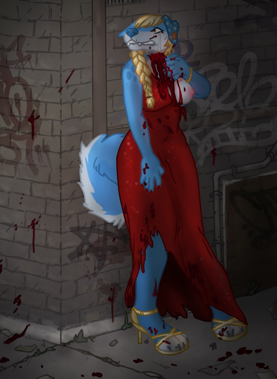 alley blood blue_fur bodily_fluids breasts canid canine clothing crying cut_throat deermary dress female footwear fur gore high_heels mammal red_clothing red_dress shoes solo tears torn_clothing