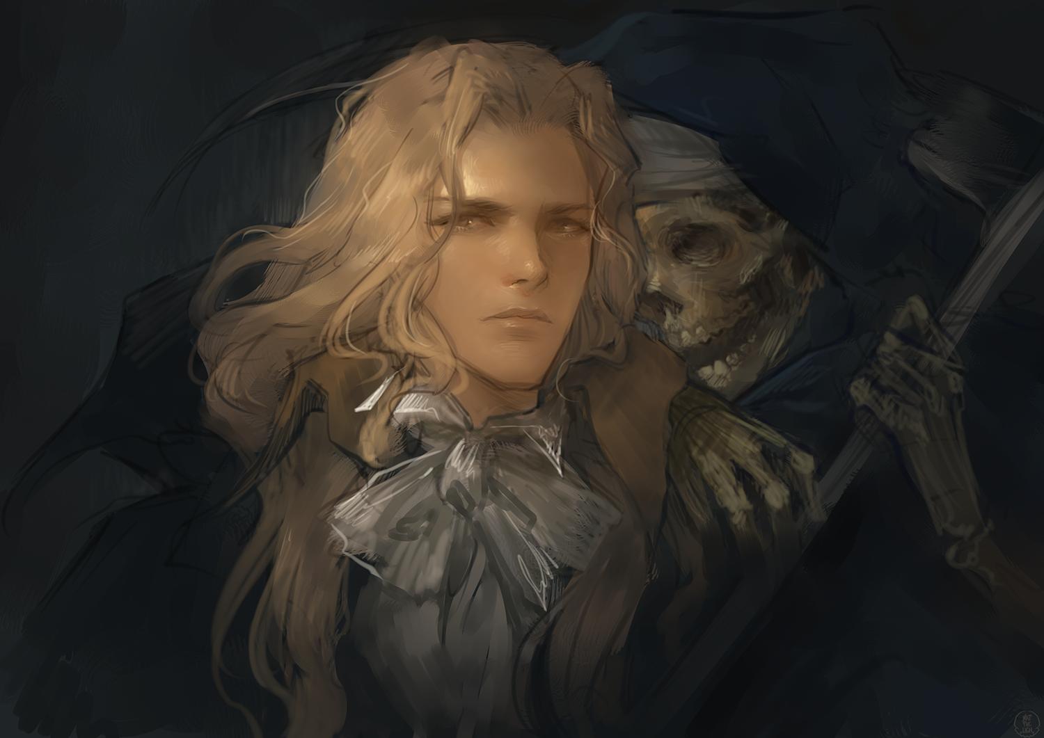 1boy alucard_(castlevania) blonde_hair bone bow castlevania castlevania:_symphony_of_the_night commentary dark_background death_(castlevania) english_commentary european_clothes evil_smile fine_art_parody grin high_collar holding holding_weapon hood long_hair looking_at_viewer male_focus nat_the_lich parody scythe simple_background skeleton skull smile teeth vampire weapon white_bow