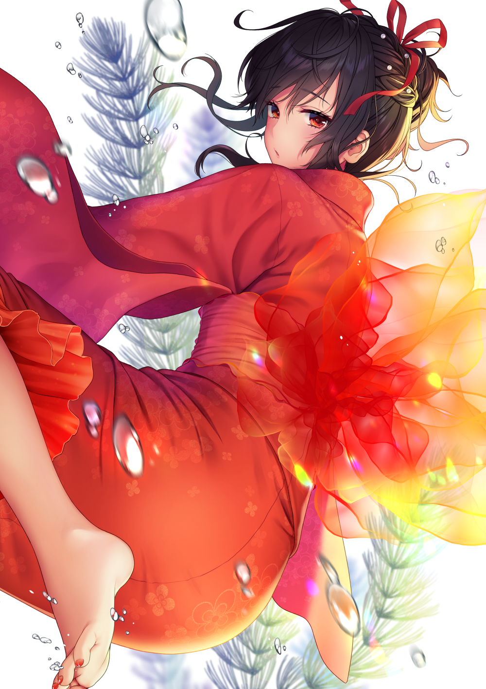 1girl backlighting bangs barefoot black_hair braid closed_mouth commentary_request daidai_jamu eyebrows_visible_through_hair floral_print hair_between_eyes hair_ribbon highres japanese_clothes kimono long_sleeves obi original print_kimono red_eyes red_kimono red_nails red_ribbon ribbon sash see-through sidelocks solo toenail_polish toenails water_drop white_background yukata