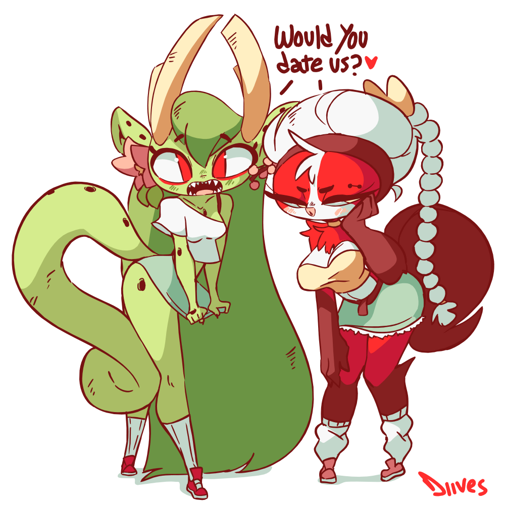 &lt;3 2019 ? anthro avian beak biped bird black_eyebrows bottomwear braided_hair brown_feathers brown_tail chicken clothing crop_top dialogue digital_media_(artwork) diives dragon duo english_text eyebrows eyelashes feathers female footwear full-length_portrait galliform gallus_(genus) green_ears green_hair green_scales green_tail hair horn l&agrave;jiāo l&igrave;zhī legwear long_hair long_tail looking_at_viewer multicolored_feathers open_mouth phasianid portrait red_eyes red_feathers reptile scales scalie sharp_teeth shirt shoes signature simple_background skirt socks standing teeth text topwear white_background white_feathers white_hair xingzuo_temple yellow_horn