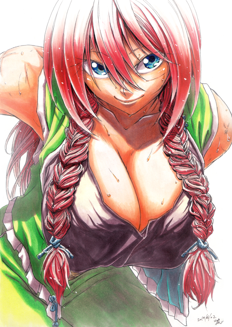 1girl bare_shoulders blue_eyes braid breasts camisole cleavage closed_mouth collarbone cowboy_shot dated eyebrows_visible_through_hair eyelashes eyes_visible_through_hair green_skirt green_vest hair_between_eyes hong_meiling huge_breasts koyubi_(littlefinger1988) leaning_forward long_hair looking_at_viewer open_clothes open_vest red_hair scar signature skirt smile solo sweat touhou twin_braids vest