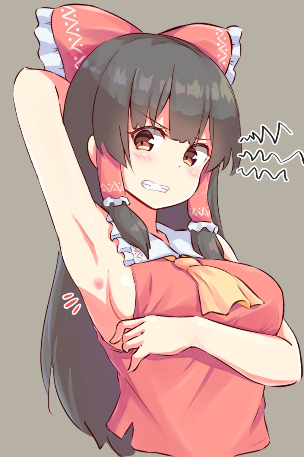 1girl arm_behind_head arm_up armpits ascot bangs bare_arms bare_shoulders black_hair blush bow breasts brown_eyes bug_bite clenched_teeth commentary_request cropped_torso eyebrows_visible_through_hair forneus_0 frilled_bow frilled_shirt_collar frills grey_background hair_bow hair_tubes hakurei_reimu highres large_breasts long_hair looking_at_viewer red_bow red_shirt shirt sidelocks simple_background sleeveless sleeveless_shirt solo teeth touhou upper_body yellow_neckwear