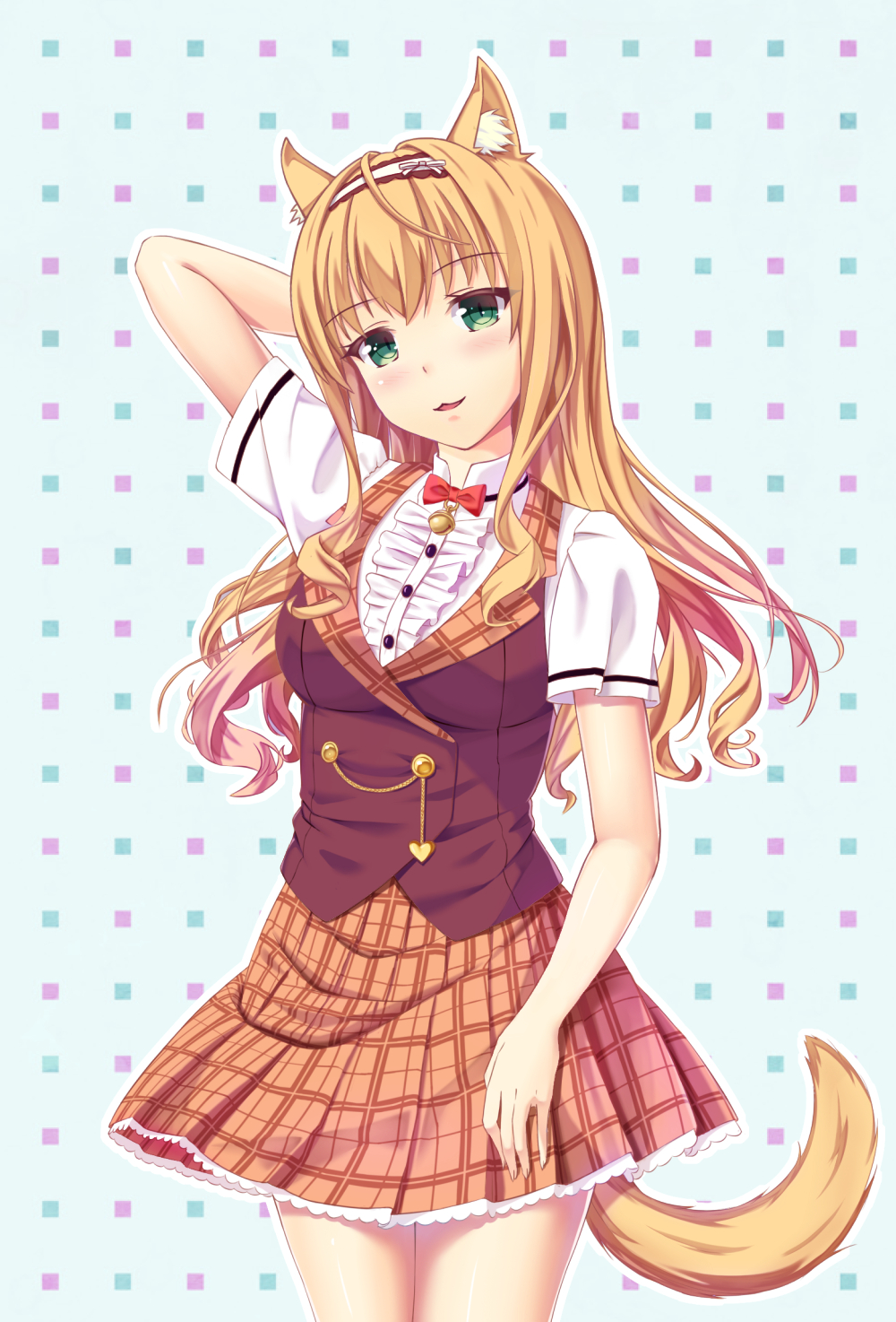 1girl :3 animal_ear_fluff animal_ears arm_behind_head bell blonde_hair bow bowtie cat_ears cat_tail center_frills coast_rover commentary_request cowboy_shot curly_hair eyebrows_visible_through_hair frilled_skirt frills green_eyes hairband head_tilt highres jingle_bell long_hair looking_at_viewer maple_(sayori) nekopara outline parted_lips plaid plaid_skirt revision short_sleeves sidelocks skirt smile solo tail white_outline