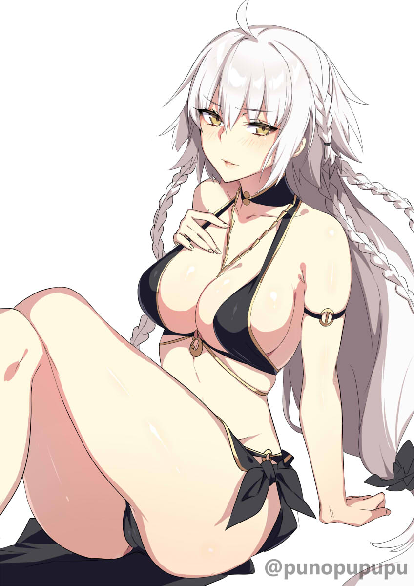 1girl ahoge ass bangs bare_shoulders bikini black_bikini blush braid breasts cleavage collarbone fate/grand_order fate_(series) hair_between_eyes hand_on_own_chest heroic_spirit_chaldea_park_outfit highres jeanne_d'arc_(alter)_(fate) jeanne_d'arc_(fate)_(all) jewelry knees_up large_breasts long_hair looking_at_viewer low-tied_long_hair necklace parted_lips sarong silver_hair simple_background sitting smile solo swimsuit thighs very_long_hair white_background yellow_eyes zeroshiki_kouichi