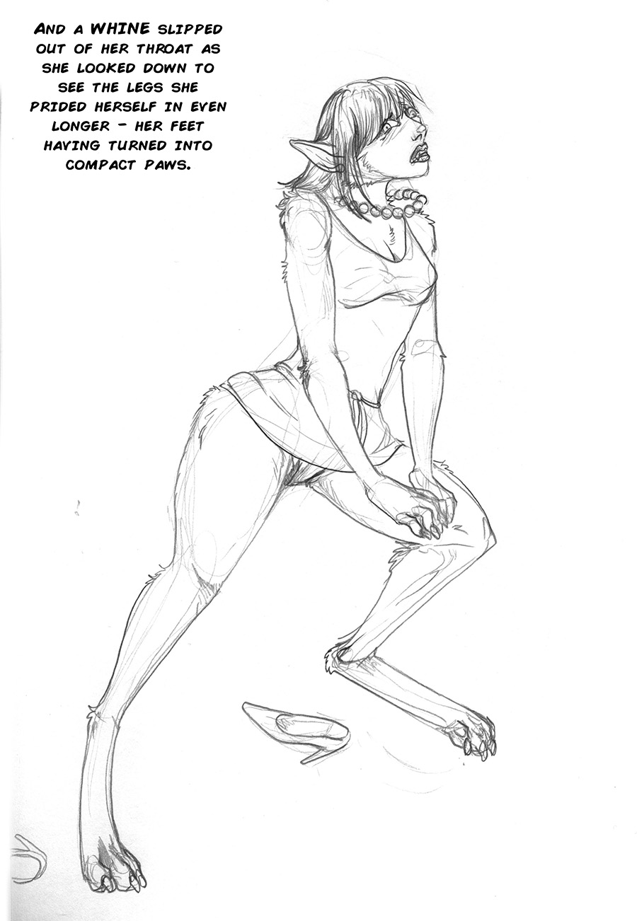 arania barefoot bob_cut breasts canid canine claws clothed clothing digitigrade dress english_text fangs female footwear fully_clothed fur graphite_(artwork) greyscale hair hi_res high_heels hindpaw human human_to_anthro jewelry mammal maned_wolf monochrome necklace panties paws pencil_(artwork) raised_clothing raised_skirt shoes solo species_transformation text traditional_media_(artwork) transformation underwear