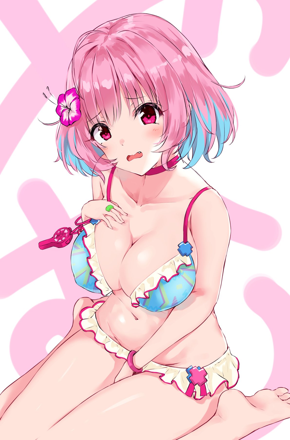 ahoge bikini blue_hair blush breasts c cleavage collarbone fang flower frilled_bikini frills hair_flower hair_ornament highres hoker idolmaster idolmaster_cinderella_girls large_breasts looking_at_viewer minikon multicolored_hair pink_eyes pink_hair sitting swimsuit two-tone_hair yumemi_riamu