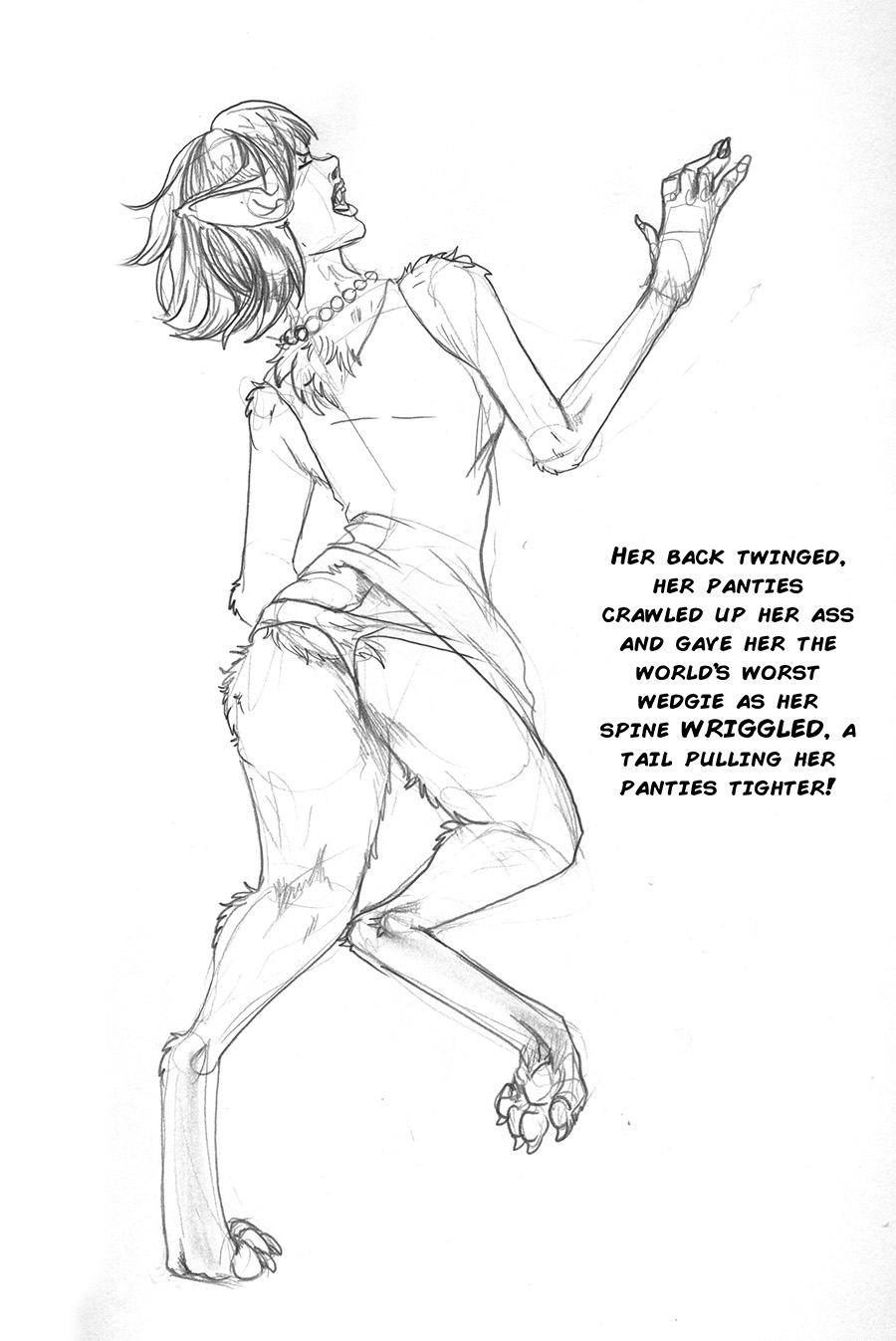 arania barefoot bob_cut breasts butt canid canine claws clothed clothing digitigrade dress english_text eyes_closed fangs female footwear fully_clothed fur graphite_(artwork) greyscale hair hi_res hindpaw human human_to_anthro jewelry mammal maned_wolf monochrome necklace panties pawpads paws pencil_(artwork) raised_clothing raised_skirt solo species_transformation tail_growth text traditional_media_(artwork) transformation underwear