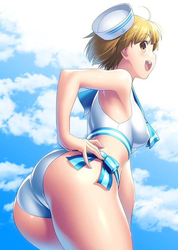 1girl ass bikini blonde_hair blue_sailor_collar blue_sky brown_eyes cloud commentary_request cowboy_shot dixie_cup_hat from_behind fukuda_noriko hand_on_hip hat idolmaster idolmaster_million_live! looking_at_viewer looking_back military_hat sailor_bikini sailor_collar sailor_hat sailor_swimsuit_(idolmaster) short_hair side-tie_bikini sky solo swimsuit zen