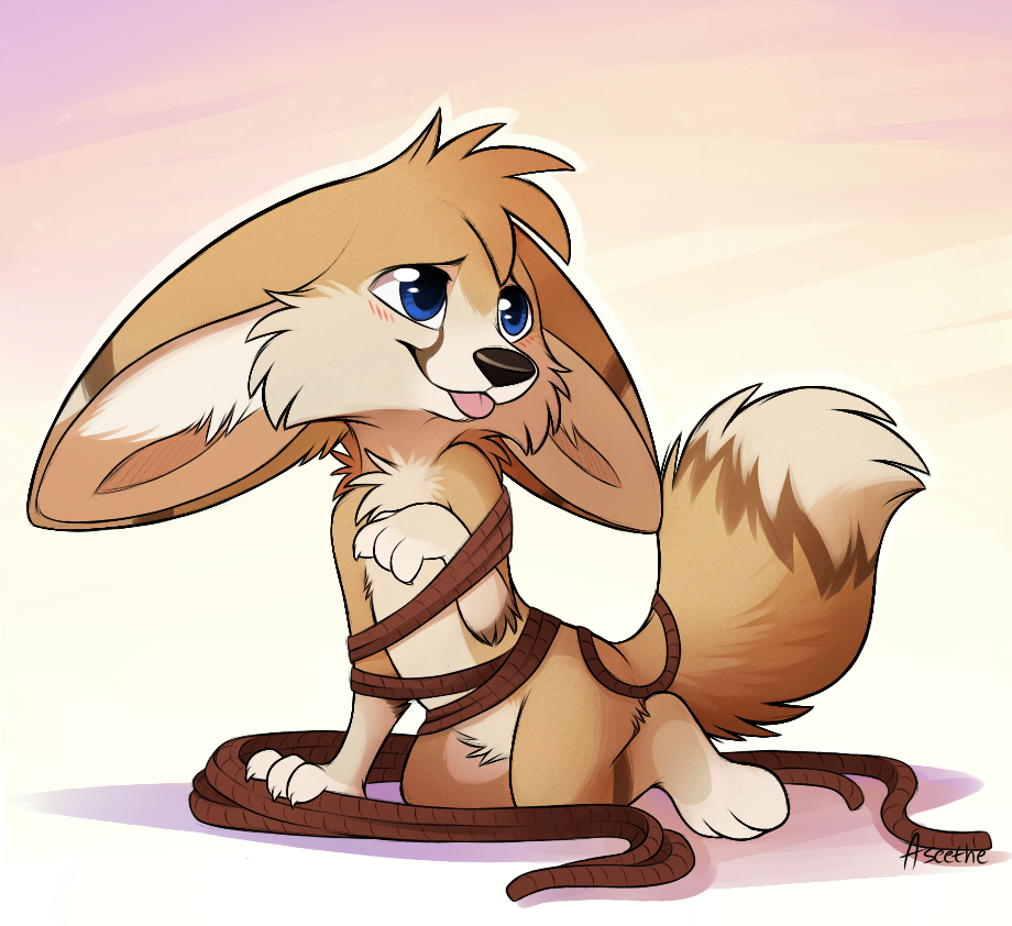 2019 anthro aseethe black_nose blue_eyes canid canine digital_media_(artwork) fennec fingers fox fur kneeling male mammal rope simple_background smile solo tan_fur toes tongue