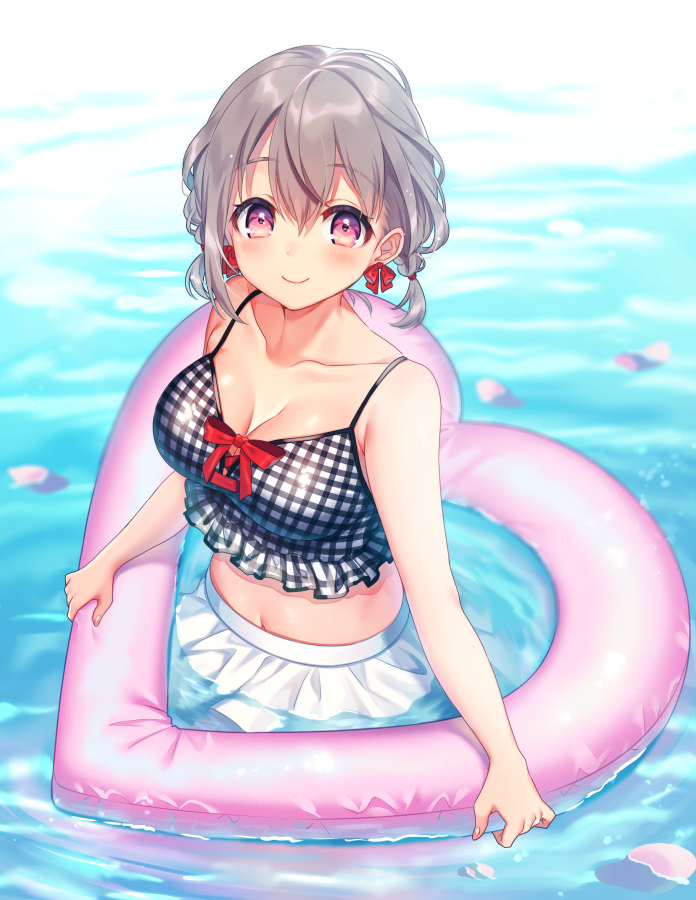 1girl bare_arms bare_shoulders bikini_skirt blurry blush breasts cleavage closed_mouth collarbone commentary_request crop_top depth_of_field earrings frills grey_hair heart-shaped_innertube innertube jewelry large_breasts looking_at_viewer midriff moyui_(myi_005) navel original partially_submerged petals pink_eyes plaid plaid_shirt shirt short_hair skirt sleeveless sleeveless_shirt smile solo spaghetti_strap water white_skirt