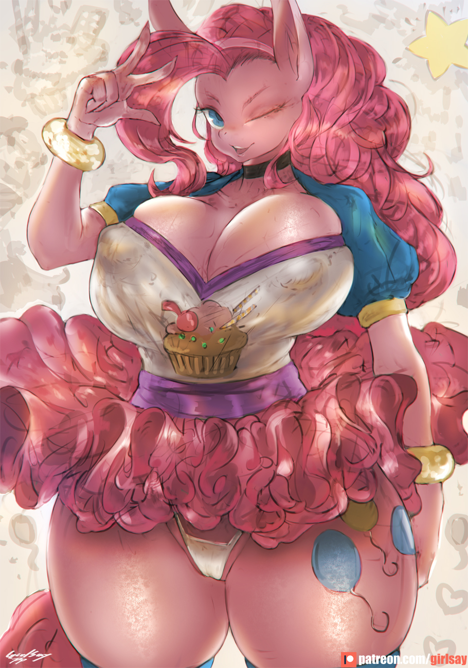 anthro big_breasts breasts cleavage clothed clothing equid equine female friendship_is_magic girlsay hi_res mammal my_little_pony nipple_outline panties pinkie_pie_(mlp) thick_thighs underwear wide_hips