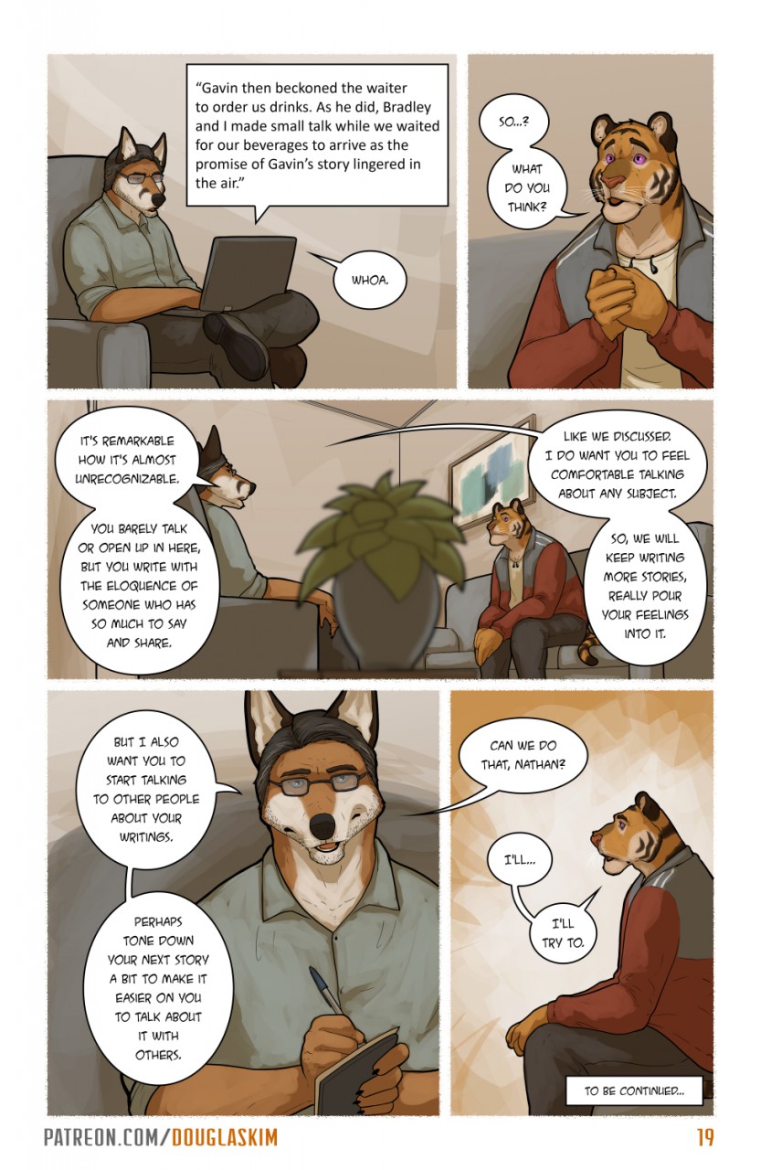2017 canid canine clothed clothing comic computer dialogue felid flower_pot fox headphones hi_res jacket kimmykun laptop male mammal pantherine pen purple_eyes reading therapy tiger topwear writing_(disambiguation)