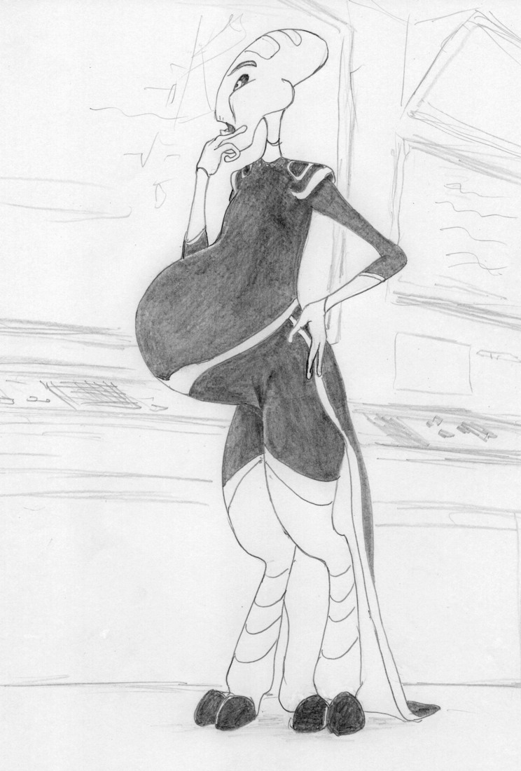 2009 2_toes 3_fingers alien belly big_belly black_sclera clothed clothing disney female fingers grand_councilwoman graphite_(artwork) greyscale hand_on_hip leovictor lilo_and_stitch monochrome pencil_(artwork) pregnant solo standing toes traditional_media_(artwork)