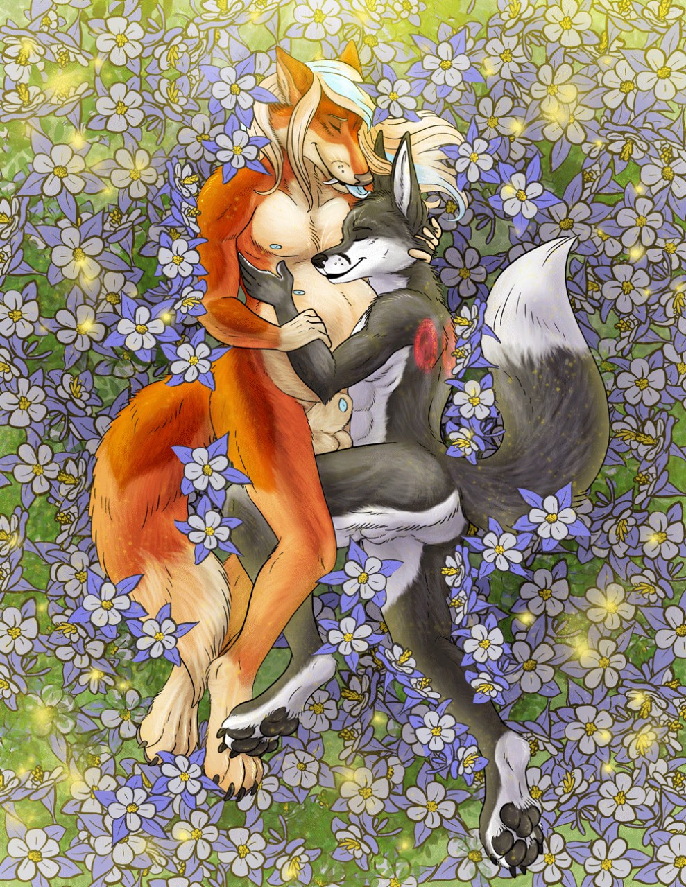 animal_genitalia anthro balls canid canine canis coyzoi digitigrade flower fox male male/male male_pregnancy mammal nude plant pregnant rooshovuak sheath tongue tongue_out wolf