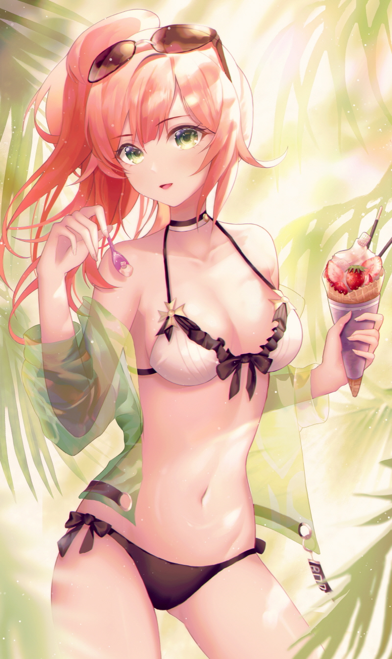 1girl backlighting bangs bare_shoulders bikini bikini_under_clothes black_bikini_bottom blurry blurry_foreground breasts collarbone commentary depth_of_field english_commentary eyebrows_visible_through_hair eyewear_on_head feeding food fruit girls_frontline green_eyes green_jacket halter_top halterneck high_ponytail highres holding holding_food holding_spoon jacket long_hair looking_at_viewer medium_breasts navel off_shoulder open_clothes open_jacket parted_lips pocky r93_(girls_frontline) red_hair see-through side_ponytail sidelocks smile solo spoon strawberry sunglasses swimsuit white_bikini_top zain_(jiha3905)