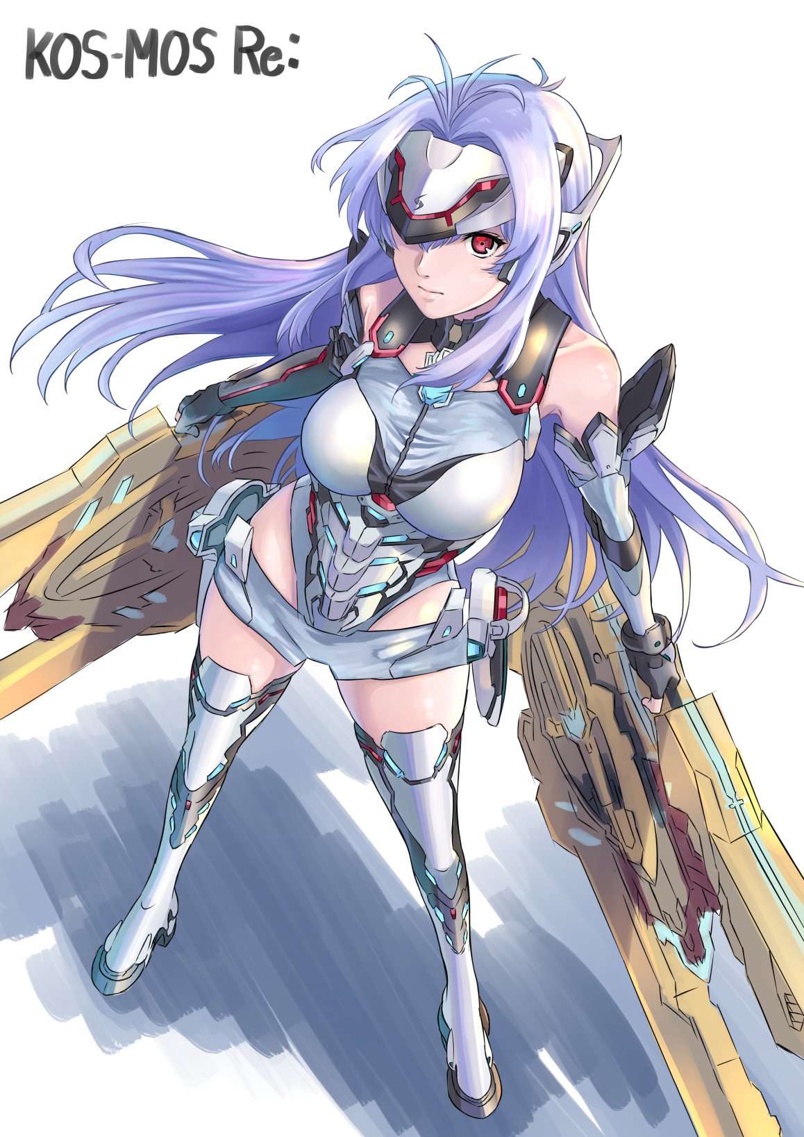 1girl android bare_shoulders blue_hair breasts elbow_gloves expressionless forehead_protector gloves highres kos-mos kos-mos_re: leotard long_hair looking_at_viewer red_eyes simple_background solo thighhighs very_long_hair white_background white_leotard xenoblade_(series) xenoblade_2 xenosaga yuuuun0218
