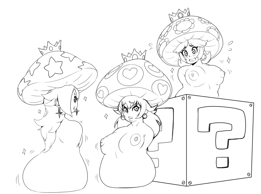 &lt;3 ?_block armless big_breasts block blush breasts confusion crown dasies ear_piercing ear_ring erect_nipples female fungus legless looking_at_viewer mario_bros modeseven monochrome monster_girl_(genre) mushroom nintendo nipples not_furry nude pattern piercing princess_daisy princess_peach rosalina_(mario) sad shaking simple_background sketch sparkles star super_mario_galaxy transformation video_games white_background