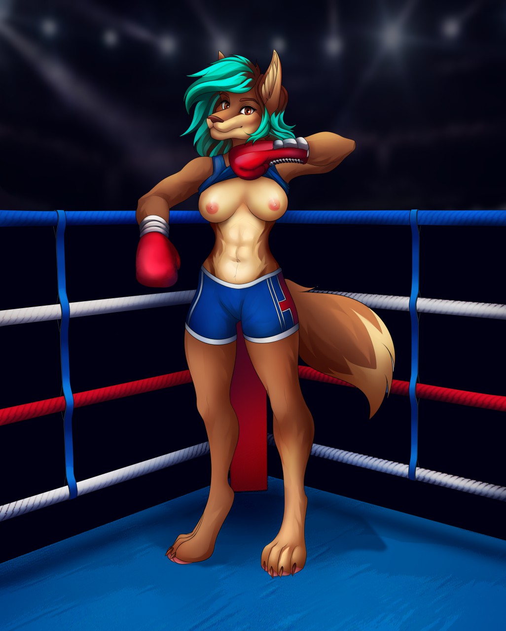 2019 4_toes abs anthro aorumi areola athletic audlin barefoot bottomwear boxing boxing_gloves breasts brown_eyebrows brown_eyes brown_fur brown_hair brown_nose canid canine canis claws clothing clothing_lift coyote ergonie_(artist) eyebrows female fighting_ring fur green_hair hair handwear hi_res inner_ear_fluff looking_at_viewer mammal multicolored_hair navel nipples pink_areola pink_nipples shorts smile solo sport standing toe_claws toes two_tone_hair