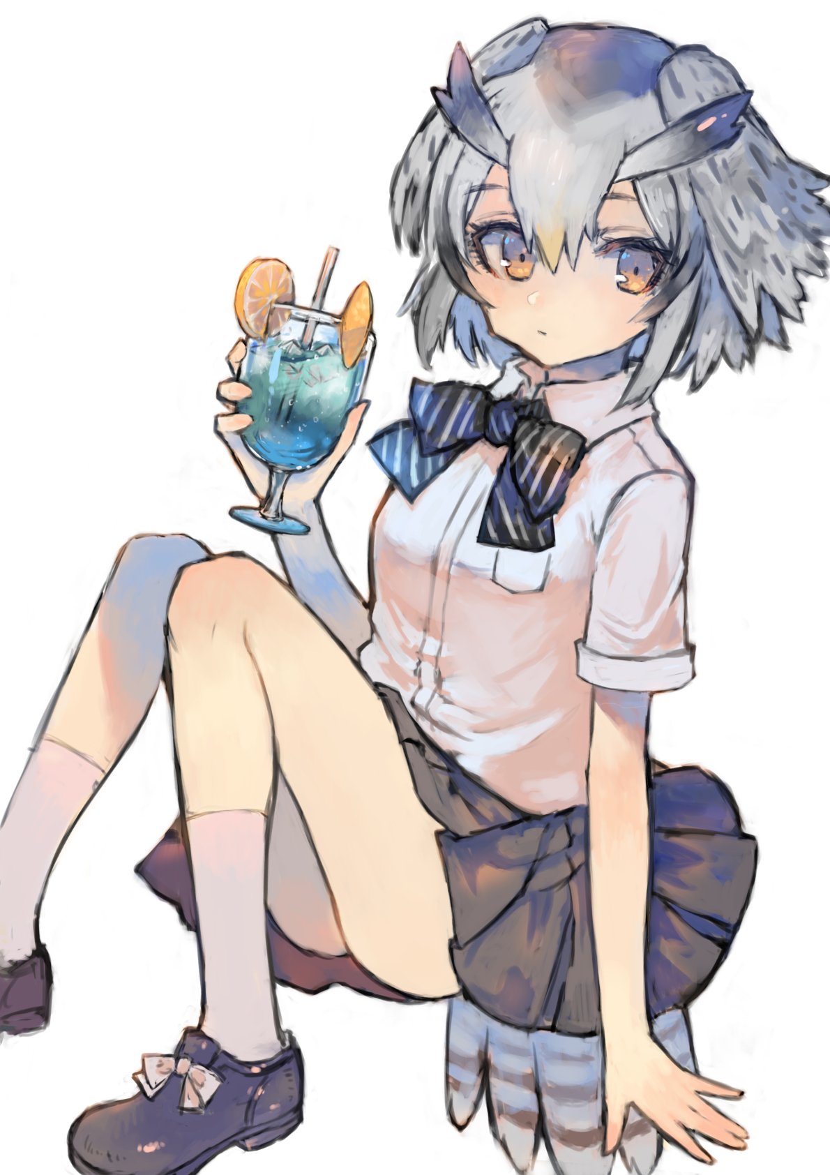1girl alternate_costume bird_tail bird_wings blonde_hair bow bowtie collared_shirt commentary_request cup desuka_(sasadango6) drinking_straw eyebrows_visible_through_hair food fruit glass grey_hair grey_legwear hair_between_eyes head_wings highres holding holding_cup kemono_friends lemon lemon_slice loafers multicolored_hair northern_white-faced_owl_(kemono_friends) pleated_skirt school_uniform shirt shoe_bow shoes short_hair short_sleeves skirt socks solo striped striped_neckwear white_hair white_shirt wings