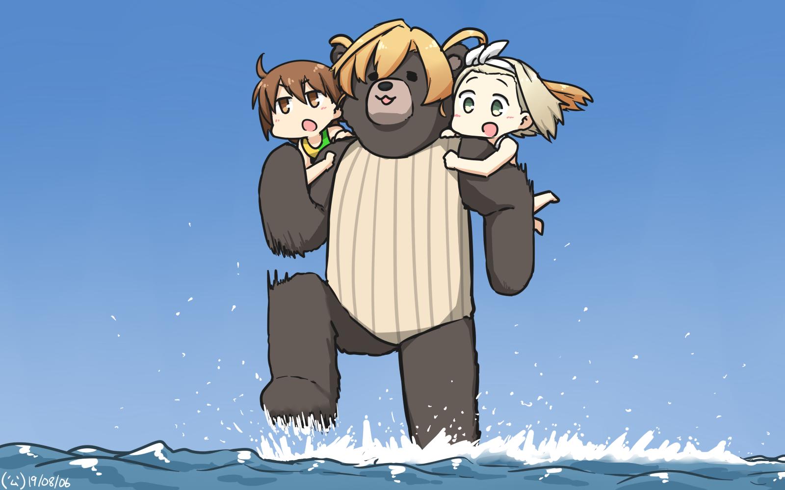 3girls abukuma_(kantai_collection) animalization bear blonde_hair brown_eyes brown_hair brown_swimsuit carrying casual_one-piece_swimsuit commentary_request dated double_bun green_eyes hair_rings hairband hamu_koutarou highres i-504_(kantai_collection) kantai_collection long_hair luigi_torelli_(kantai_collection) multiple_girls one-piece_swimsuit running_on_liquid school_swimsuit short_hair striped striped_swimsuit swimsuit two-tone_swimsuit wakaba_(kantai_collection) water white_hairband white_school_swimsuit white_swimsuit