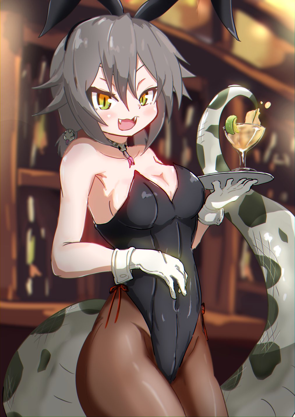 1girl alternate_costume animal_ears bare_shoulders black_leotard blush bow bunny_ears bunnysuit choker cocktail_glass commentary_request cup drinking_glass fake_animal_ears fangs fzr332211 glove_cuffs gloves green_eyes grey_hair habu_(kemono_friends) hair_tie highleg highleg_leotard highres kemono_friends leotard lime_slice multicolored multicolored_eyes open_mouth pantyhose play print_neckwear red_bow short_hair sleeveless snake_print snake_tail solo tail tray white_gloves yellow_eyes