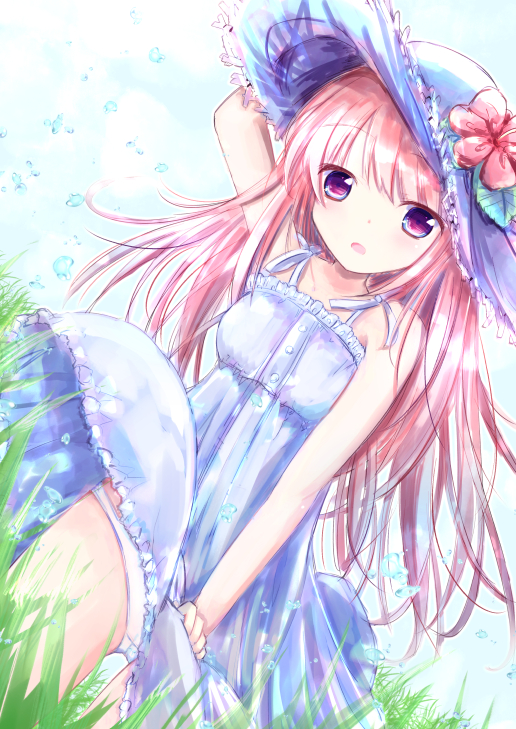 1girl arm_up bare_arms bare_shoulders blue_dress blue_headwear blue_sky blush cloud covering covering_crotch day dress dutch_angle flower grass hat hat_flower long_hair looking_at_viewer open_mouth original outdoors panties pink_hair red_eyes red_flower shihou_haru sky sleeveless sleeveless_dress solo sun_hat underwear very_long_hair water_drop white_panties