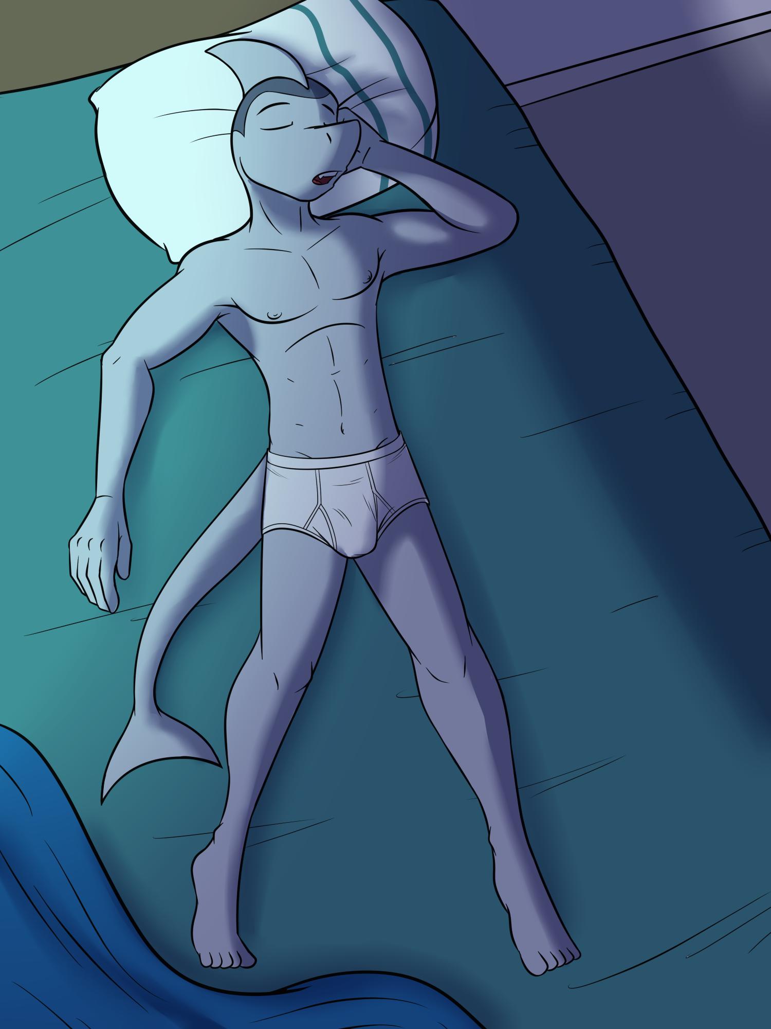 anthro bed briefs bulge clothed clothing fish fuze hi_res ian_(fuze) lying male marine navel nipples on_back on_bed shark sleeping solo texnatsu tighty_whities topless underwear