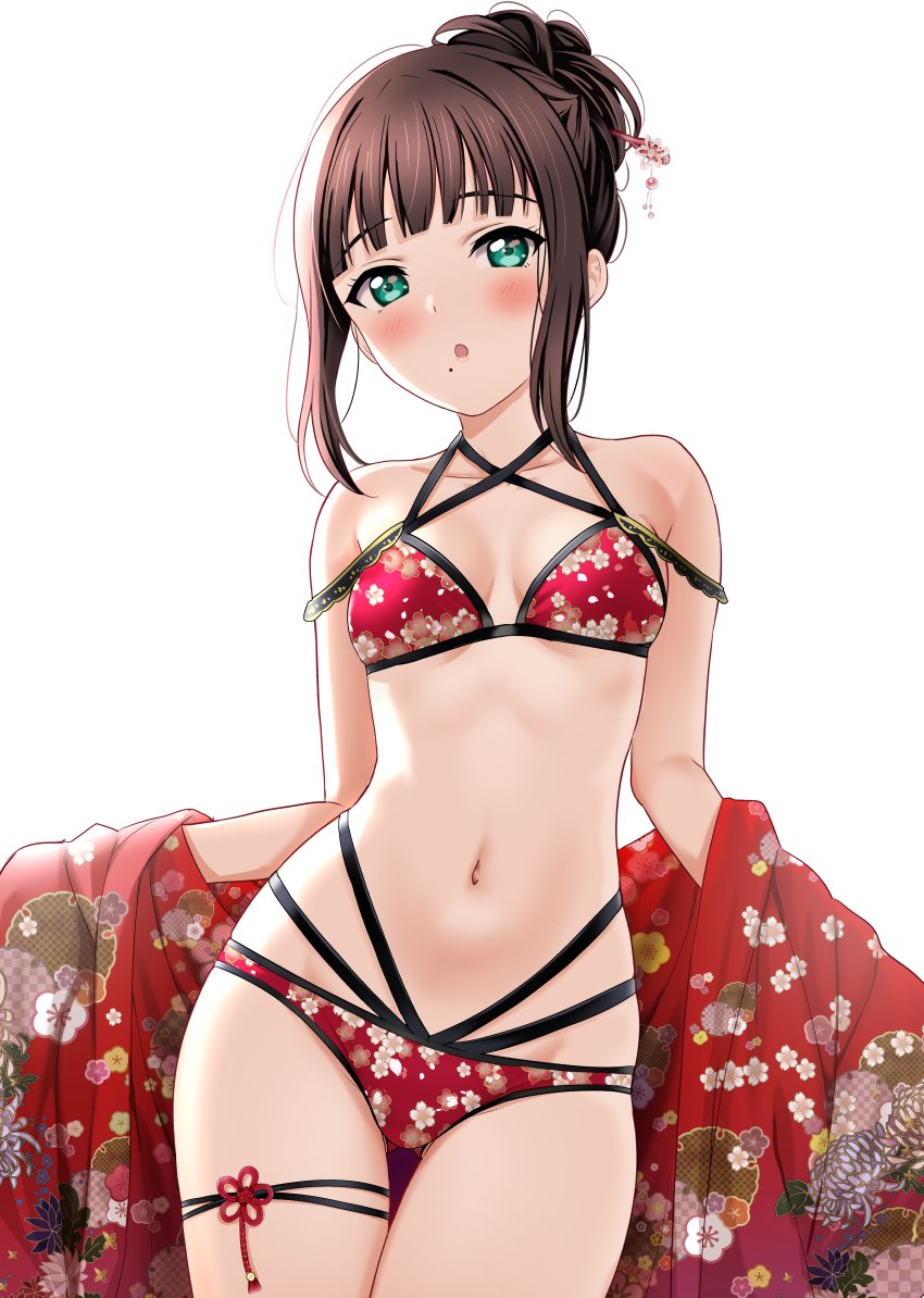 1girl :o bangs bare_shoulders blunt_bangs breasts brown_hair cleavage commentary_request cowboy_shot green_eyes kurosawa_dia looking_at_viewer love_live! love_live!_school_idol_festival mole mole_under_eye navel open_mouth rozen5 simple_background small_breasts solo stomach white_background