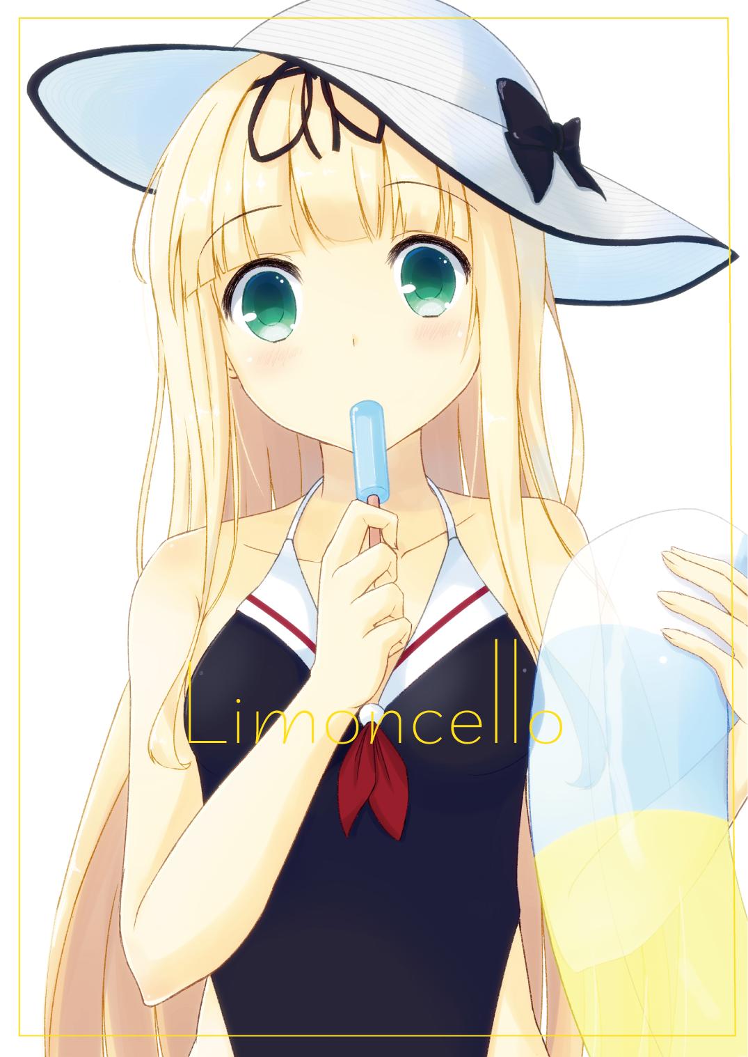 1girl adapted_costume black_ribbon black_swimsuit blonde_hair casual_one-piece_swimsuit commentary_request cover cover_page cowboy_shot doujin_cover food green_eyes hair_ribbon highleg highleg_swimsuit highres innertube kantai_collection long_hair looking_at_viewer mouth_hold one-piece_swimsuit popsicle red_neckwear ribbon shirai_sora solo straight_hair swimsuit white_background yuudachi_(kantai_collection)