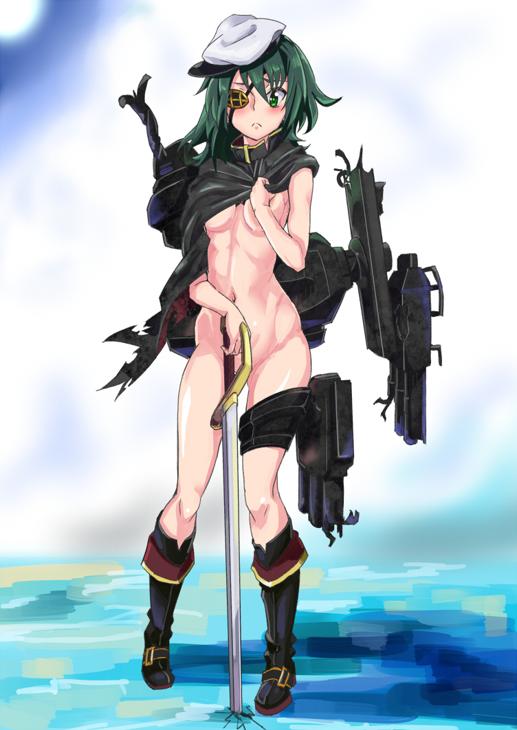 1girl boots breasts cloud cloudy_sky commentary_request convenient_censoring cutlass damaged eyepatch full_body green_eyes green_hair hat headgear high_collar kantai_collection kiso_(kantai_collection) lyrical_denko military military_uniform multicolored multicolored_background naval_uniform navel no_bra no_panties sad sailor_hat short_hair sky small_breasts solo standing torn_clothes turret uniform