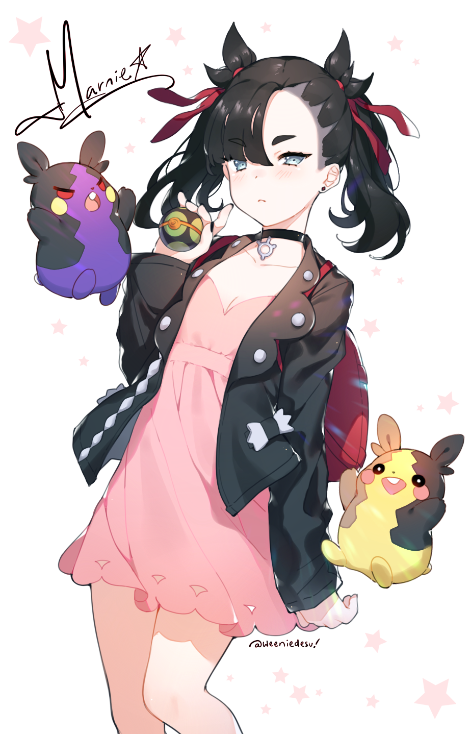 1girl aqua_eyes arms_up bangs black_hair black_jacket blush breasts choker cleavage closed_mouth dress dusk_ball eyebrows_visible_through_hair gen_8_pokemon hair_between_eyes hair_ribbon highres holding holding_poke_ball jacket jewelry long_sleeves looking_at_viewer mary_(pokemon) morpeko open_mouth pink_dress poke_ball pokemon pokemon_(creature) pokemon_(game) pokemon_swsh ribbon simple_background small_breasts standing teeth twintails weeniedesu white_background