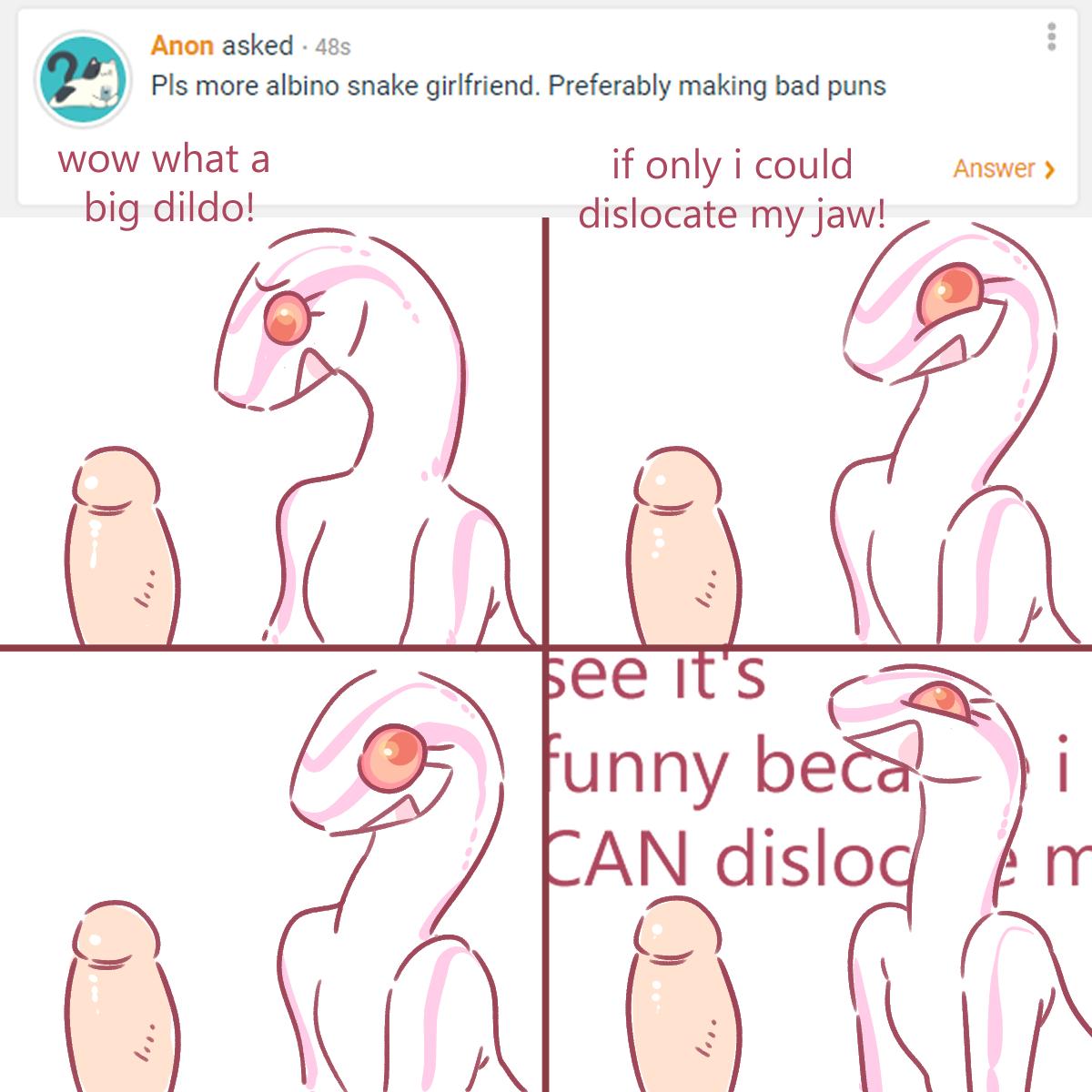 1:1 2019 albino albino_snake_girlfriend anthro ask_blog colubrid comic corn_snake digital_media_(artwork) dildo disembodied_penis duo english_text female glacierclear hi_res humor lampropeltini male nude open_mouth penis rat_snake red_eyes reptile scalie sex_toy simple_background smile snake solo_focus text