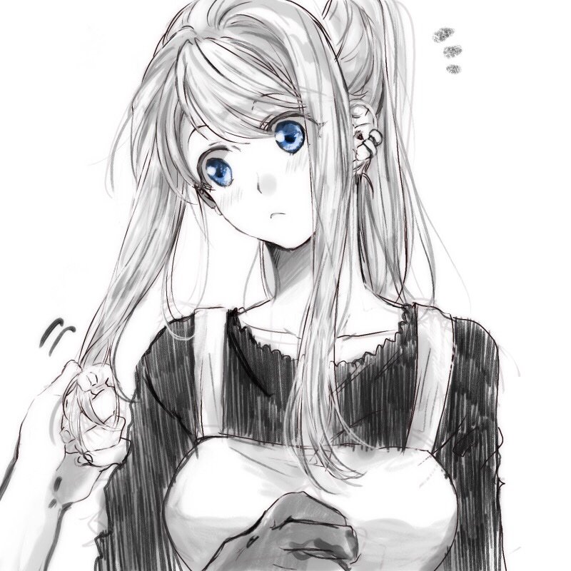 /\/\/\ 1girl :&lt; apron arms_at_sides bangs black_dress blue_eyes blue_theme blush breasts collarbone dress earrings expressionless eyebrows_visible_through_hair eyelashes eyes_visible_through_hair fingernails fullmetal_alchemist gloves greyscale hair_grab hands head_tilt jewelry long_hair long_sleeves looking_to_the_side medium_breasts monochrome ponytail simple_background solo spot_color surprised tsukuda0310 white_background winry_rockbell
