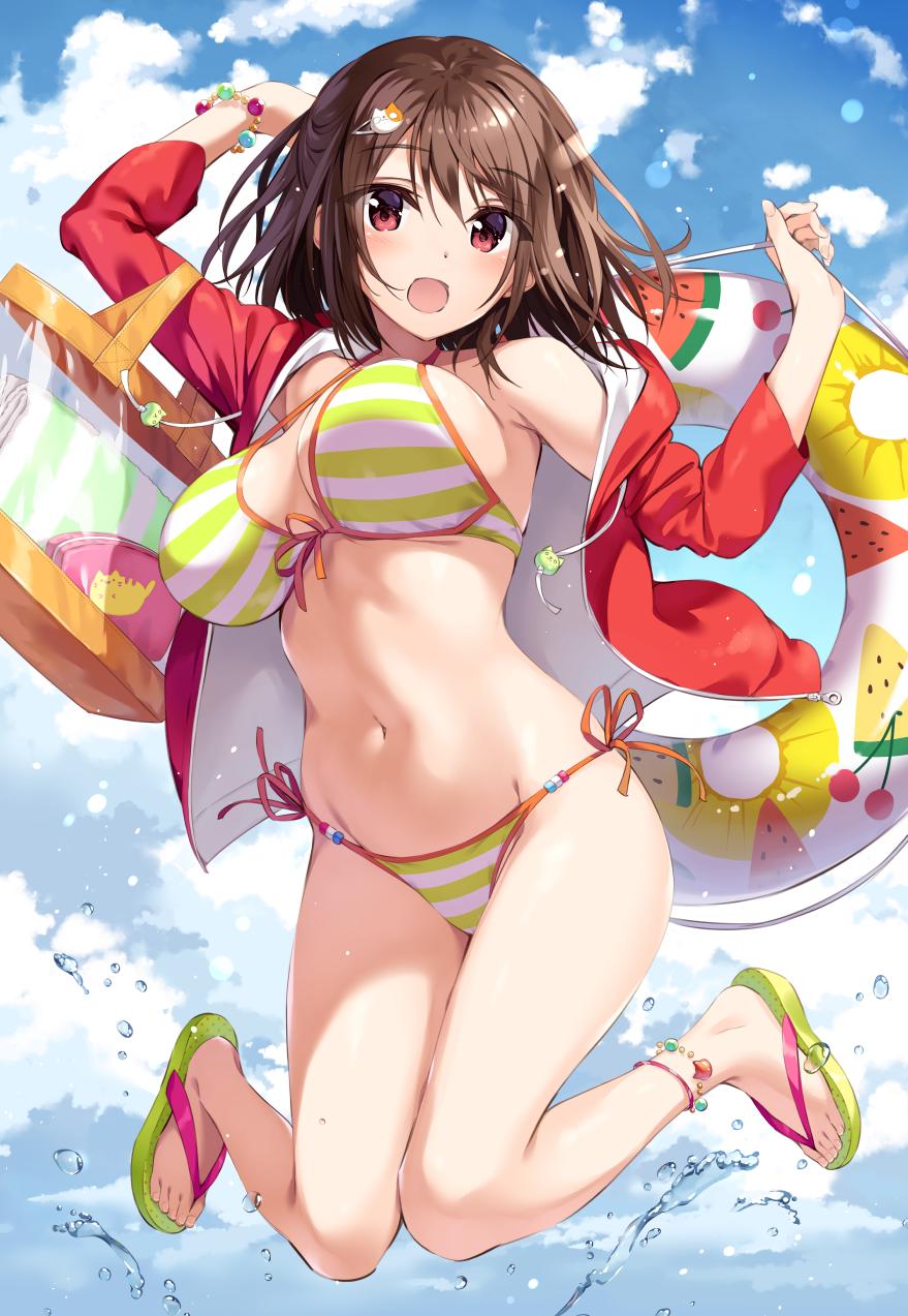 1girl :d aibeya anklet arm_up bag bangs bare_shoulders bikini blue_sky bracelet breasts brown_hair cloud day eyebrows_visible_through_hair front-tie_bikini front-tie_top groin hair_ornament hairclip halter_top halterneck hand_up hayami_aki highres holding holding_innertube innertube jacket jewelry jumping large_breasts midair navel off_shoulder open_clothes open_jacket open_mouth oryou outdoors red_eyes red_jacket sandals short_hair shoulder_bag side-tie_bikini sidelocks sky smile solo stomach strap_gap striped striped_bikini swimsuit thighs water_drop