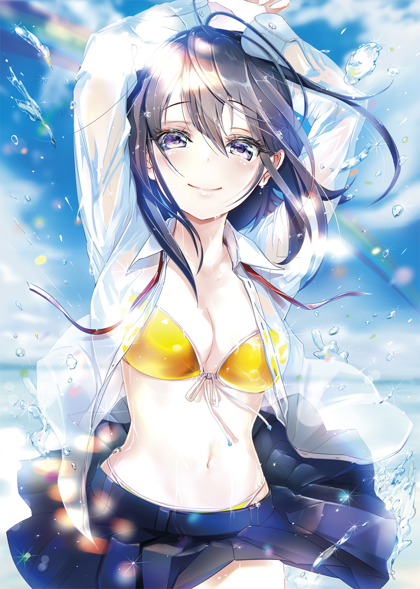 1girl arms_up bikini bikini_under_clothes black_hair black_skirt breasts cleavage closed_mouth cloud collared_shirt commentary_request cowboy_shot dress_shirt front-tie_bikini front-tie_top highres keepout long_hair long_sleeves looking_at_viewer medium_breasts miniskirt navel neck_ribbon open_clothes open_shirt original pleated_skirt purple_eyes rainbow red_neckwear ribbon see-through shirt skirt smile solo sparkle swimsuit water_drop wet wet_clothes wet_shirt white_shirt yellow_bikini