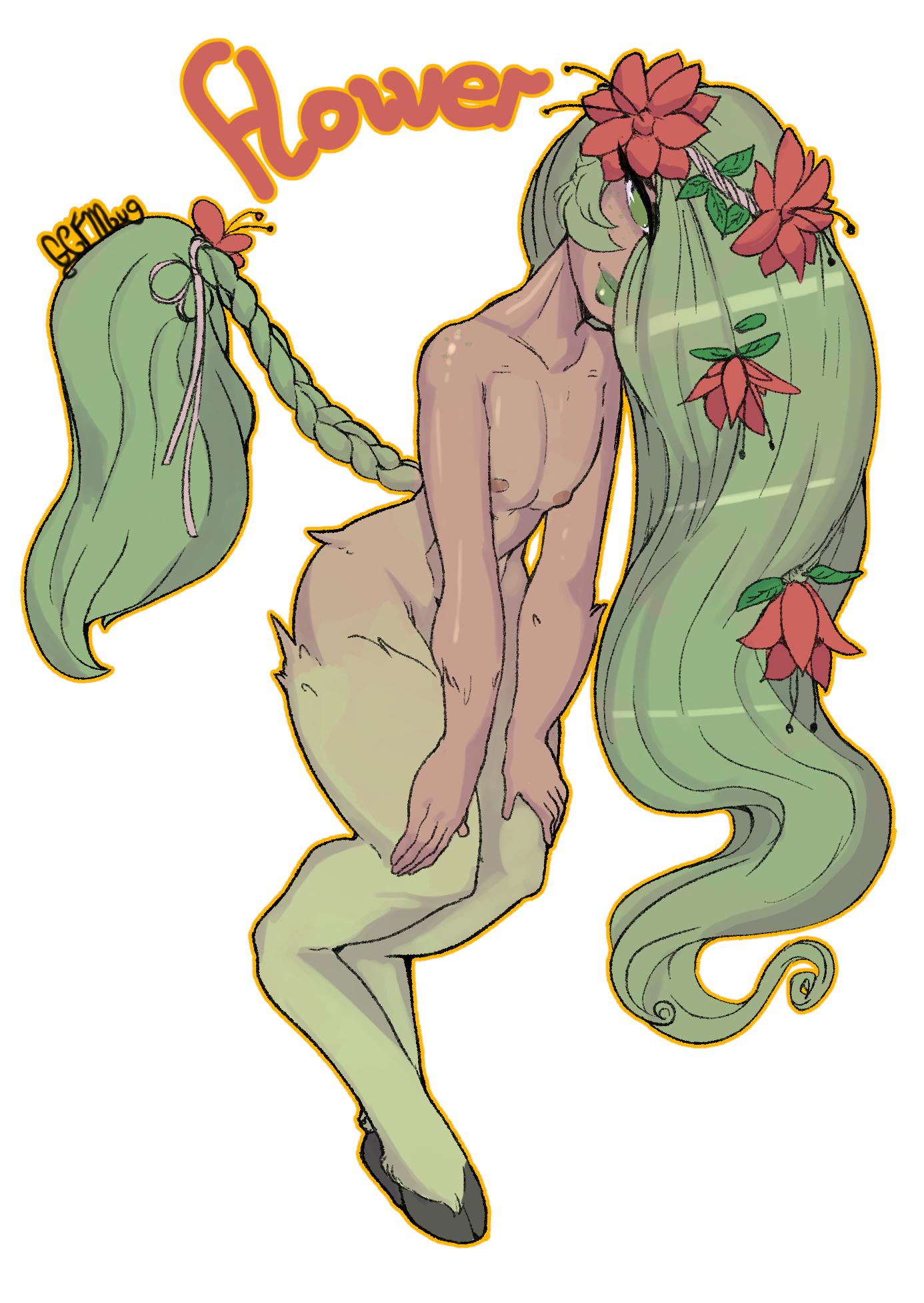 ambiguous_gender gcfmug green_eyes green_hair hair hi_res hooves long_hair looking_at_viewer nude satyr